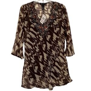 Chocolate and Beige Sequin V-Neck Sheer Tunic Blouse w/Camisole